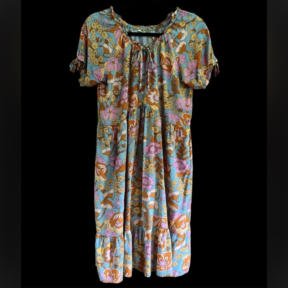 Pretty Floral Dress Peasant Tie Tiered Blue Pink Yellow Large (fits like Medium)